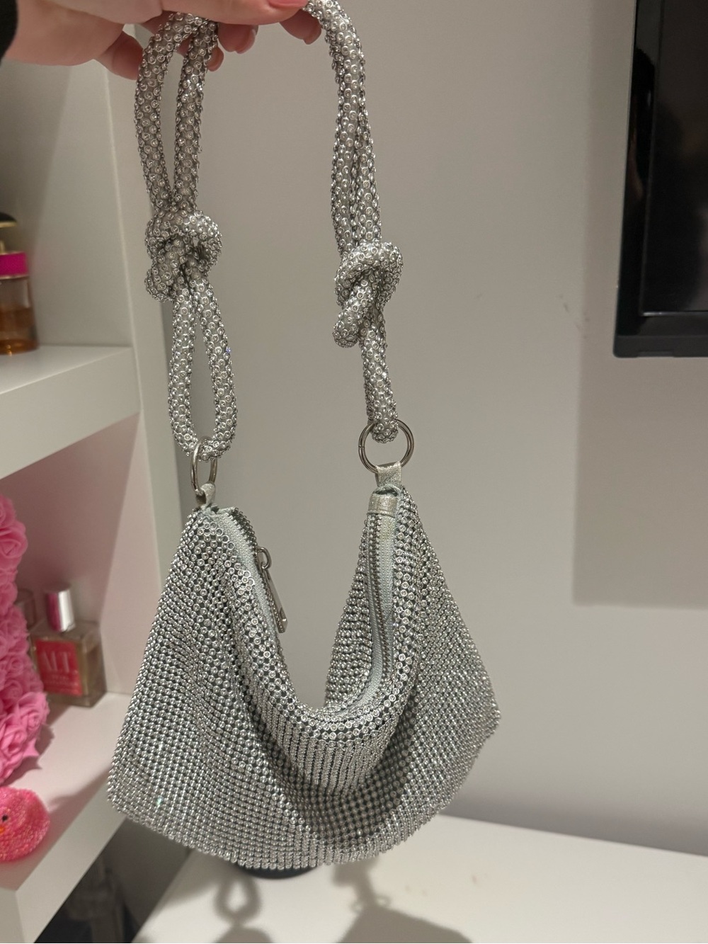 Silver Rhinestone Knot-Handle Shoulder Bag
